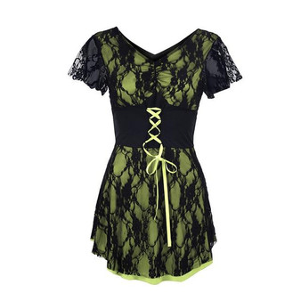 Women Summer V-Neck Fashion Sexy Tie Up Cross Lace Splice Club Party Mini Dress Women A-Line Short Sleeve Mini Dress W418