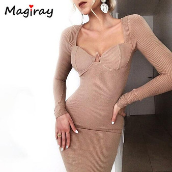 Magiray Knit Cotton Ribbed Long Sleeve Dress Women Bodycon Sexy Deep V Neck Strapless Midi Long Dress Club Party Robe Femme C98