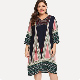 XL-XXXXXL Ethnic Dress Tie Drawstring Casual Loose Fashion Print Chiffon Dress Summer Women Clothing Large Plus Size Slim Thin