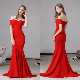 Off shoulder plain red satin mermaid evening dress prom gown