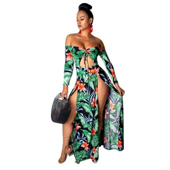 New flowers Print Women Dress Elegant Off Shoulder Short Sleeve Long Dress Sexy Summer Beach Split Maxi Dress