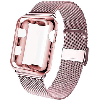 GBPOOT Compatible for Apple Watch Band 38mm 40mm 42mm 44mm with Screen Protector Case, Sports Wristband Strap Replacement Band with Protective Case for Iwatch Series 6/SE/5/4/3/2/1,42mm,Pink Gold