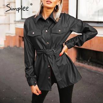 Simplee Vintage PU leather shirts women Causal Turn-down collar blouse shirt with belt Autumn winter chic pocket shirt tops 2020