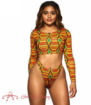 African Print Swimwear Thong Bikini Set