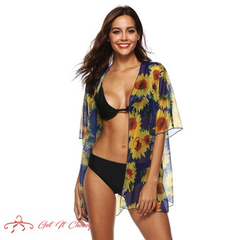summer women's five-point sleeve cardigan fashion loose sunflower pattern chiffon clothing seaside resort sunscreen bikini top