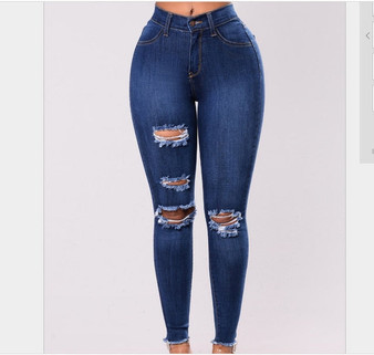 2020 Women Jeans  Newest Hot Stretch Skinny Ripped Hole Denim Female Slim High Waist Pencil Trousers Elegant Lady Button Bottom