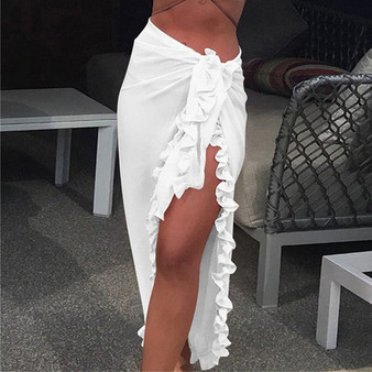 Women Chiffon See-Through Beach Bikini Cover Up Wrap Scarf Swimwear Pareo Sarong Dress Solid Ruffle Casual Beach Dress