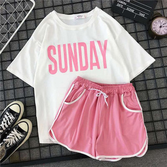 Girls Casual Pijama Two Piece Fashion SUNDAY Print Short Set Pajamas Sweet Short Sleeve Women's T-shirt & Drawstring Shorts