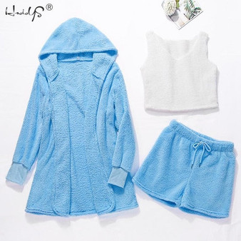 Winter Pajamas Set Women Sleepwear Warm Flannel Long Sleeves Robe Vest Short Pants Pajamas Pink Cute Homewear Velvet Home Suit