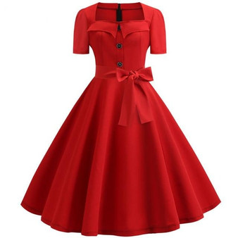 Red Square Collar Large Polka Dot Swing Dress