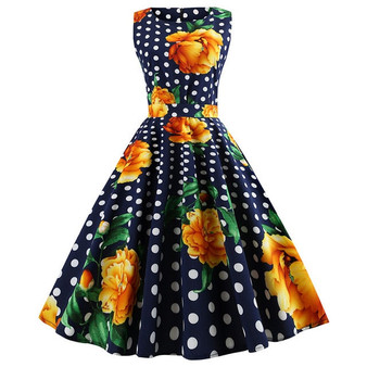 Rose and Dot print with Pleated Skirt Blue Dress