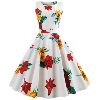 Big Red Rose Print with Pleated Skirt White Dress