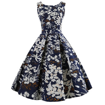 White Rose Print with Pleated Skirt Blue Dress