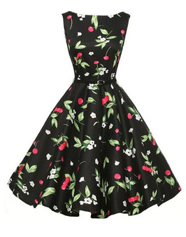 Cherry Print Design Black and White Floral Dress With Belt