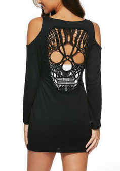 Black Skull Cut Out Round Neck Fashion T-Shirt