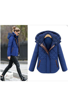 Blue Plain Buttons Pockets Hooded Casual Coat