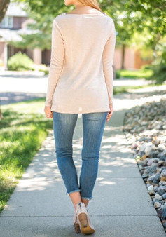 Khaki Irregular Buttons Round Neck Long Sleeve T-Shirt