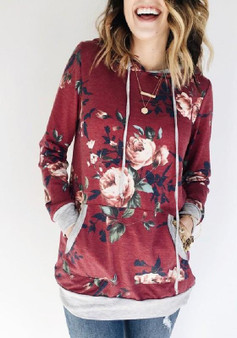 Red Floral Drawstring Pockets Casual Pullover Hooded Sweatshirt