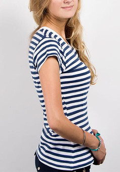 Blue Striped Print Round Neck Short Sleeve Fashion T-Shirt