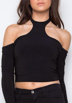 Black Plain Cut Out Crop Tie Back Backless T-Shirt