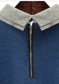 Blue Zipper Pleated Peter Pan Collar Long Sleeve Blouse