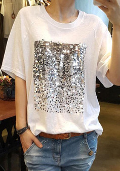 White Patchwork Sequin Round Neck Casual Going out T-Shirt