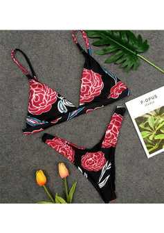 Black Floral Crop 2-in-1 V-neck Fashion Swimwear