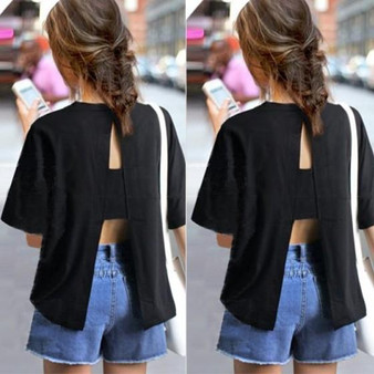 Black Cut Out Round Neck Backless Plus Size Casual T-Shirt
