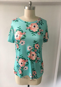 Green Flowers Print Round Neck Short Sleeve Fashion T-Shirt