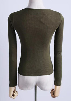 Army Green Plain V-neck Long Sleeve Slim T-Shirt