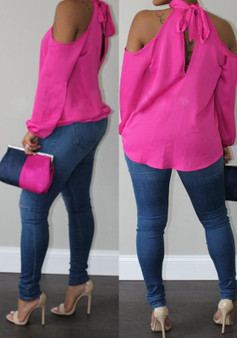 Pink Halter Neck Off Shoulder Bow Long Sleeve Fashion T-Shirt