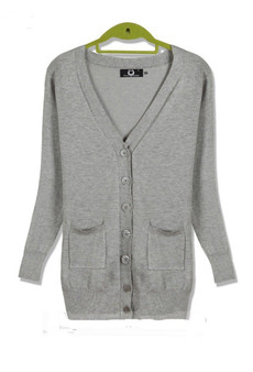Light Grey Pockets Single Breasted V-neck Long Sleeve Cardigan Sweater