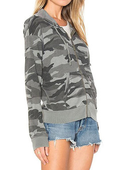 Grey Camouflage Zipper Pockets Hooded Long Sleeve Outerwear