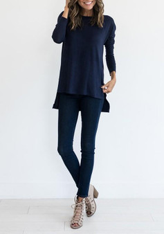 Dark Blue Irregular Zipper Round Neck Long Sleeve Fashion T-Shirt