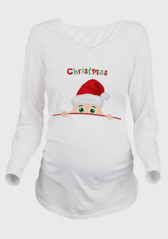 White Monogram Print Long Sleeve Round Neck Maternity Christmas T-Shirt