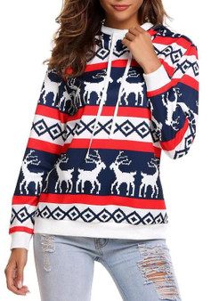 White Blue Deer Geometric Christmas Print Hooded Pullover Cute Sweatshirt