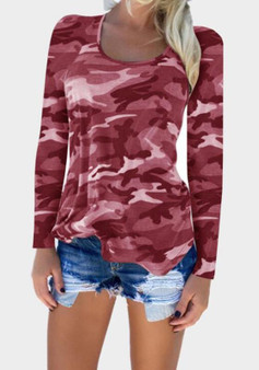 Red Camouflage Round Neck Long Sleeve T-Shirt