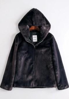 Blue Pockets Zipper Hooded Long Sleeve Faux Fur Coat