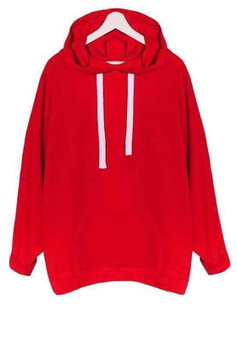 Red Pockets Drawstring Hooded Long Sleeve Casual Pullover Sweatshirt