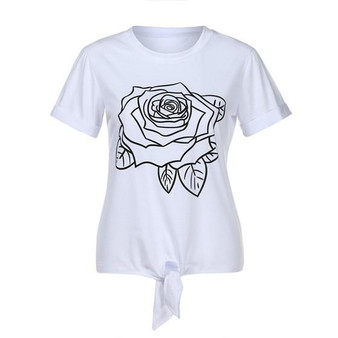 White Flowers Drawstring Round Neck Short Sleeve Casual T-Shirt