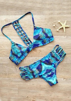 Blue Floral Drawstring 2-in-1 V-neck Fashion Nylon Swimwear