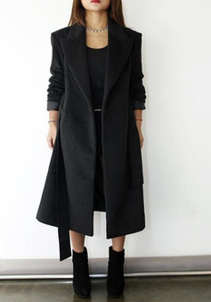 Black Pockets Sashes Tailored Collar V-neck Long Sleeve Wool Coat