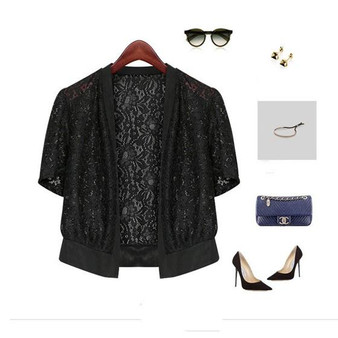 Black Floral Lace Short Sleeve Fashion Outerwear