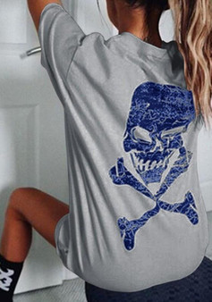 Grey Skull Print Round Neck Short Sleeve Casual T-Shirt