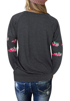 Black Floral Print Round Neck Long Sleeve Casual T-Shirt