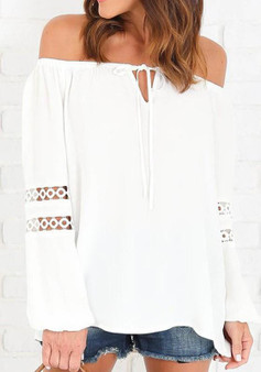 White Hollow-out Off Shoulder Lace-Up Long Sleeve Blouse