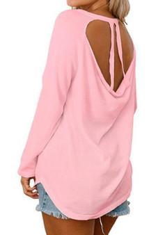 Pink Plain Cut Out Round Neck Casual Loose T-Shirt