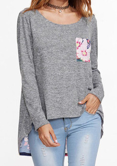 Grey Floral Pockets Round Neck Long Sleeve T-Shirt