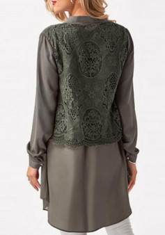 Grey Patchwork Lace Buttons V-neck Office Worker/Daily Blouse