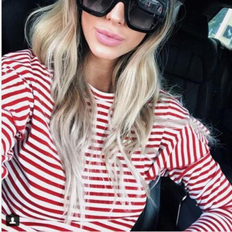 Red Striped Ruffle Round Neck Long Sleeve Fashion T-Shirt